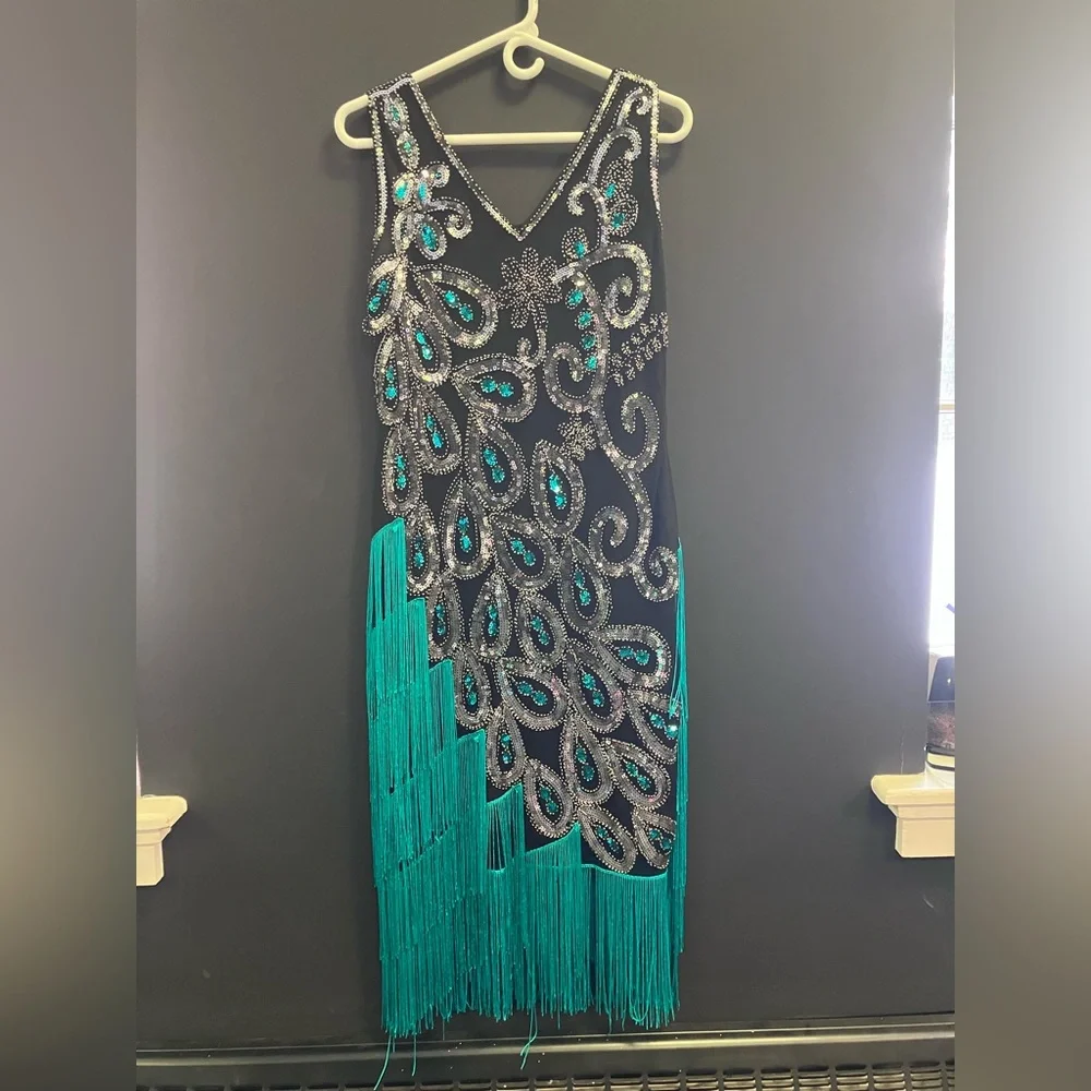 BabeYond black green and Silver peacock embroidered fringe flapper dress XL - Picture 12 of 15